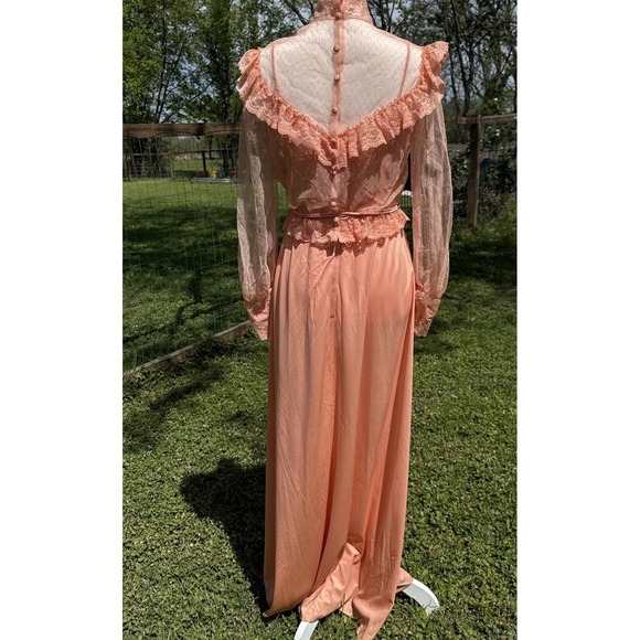 Vtg 70s Peach Lace Maxi Dress Sheer Sleeve Prairie Romantic Union Made Victorian - Picture 9 of 15